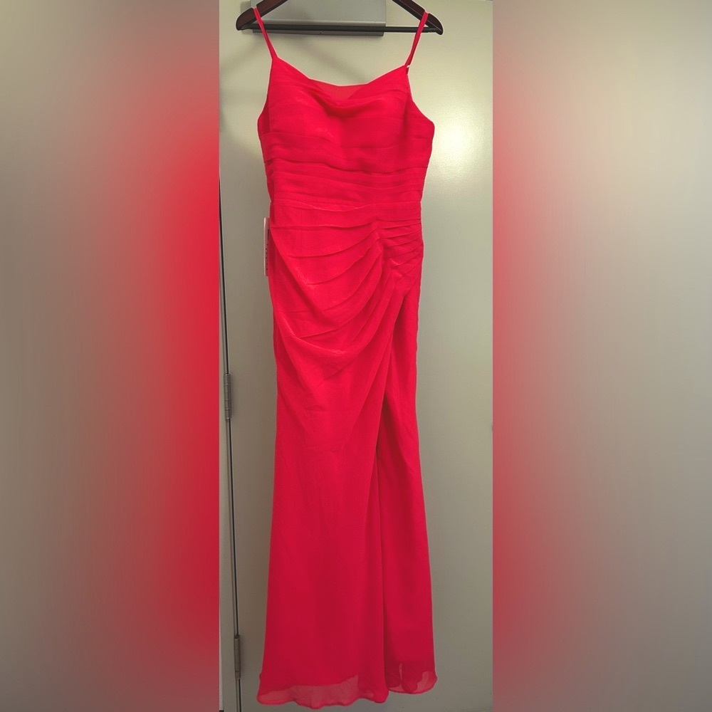 NWT Lavetir Hot Pink chiffon pleated strap floor length maxi dress slit sz 8